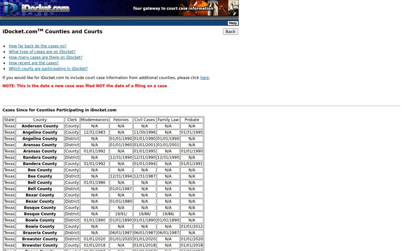 Culberson County case search coverage dates by case type