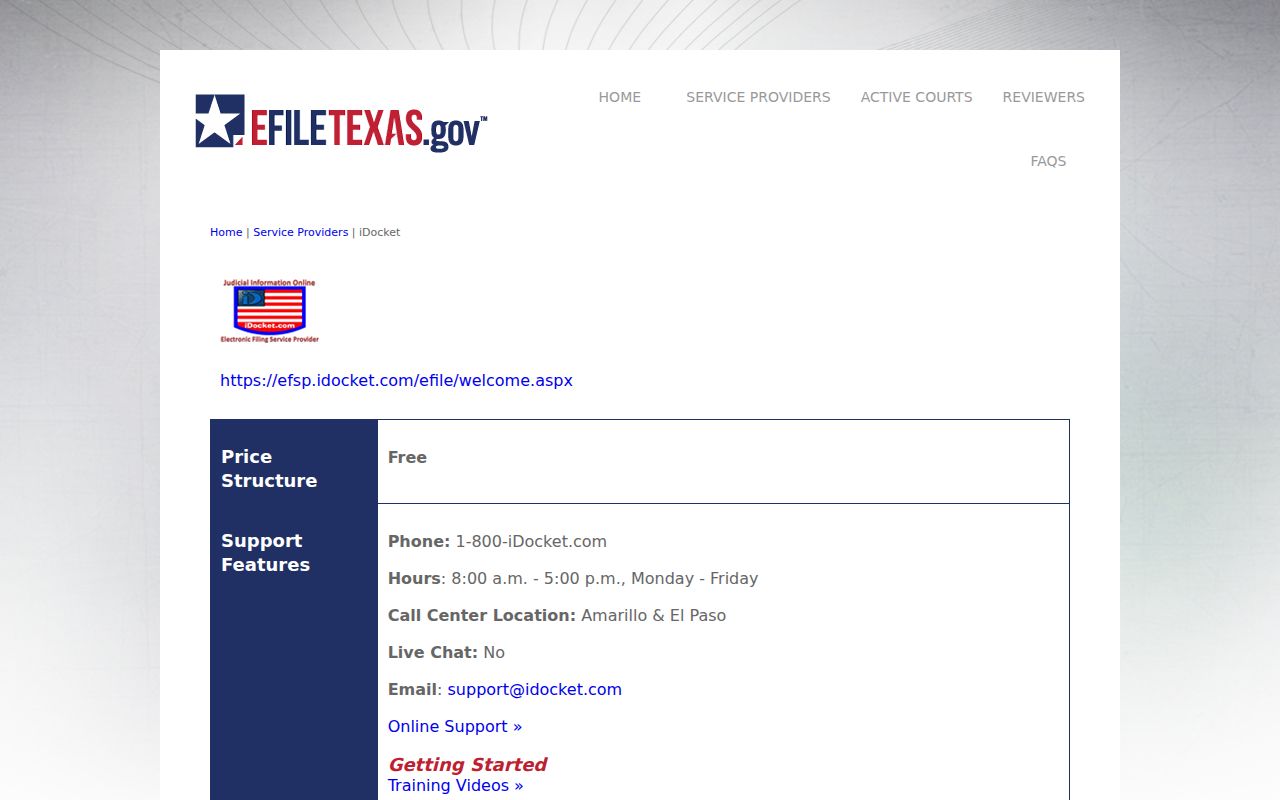 eFileTexas approved iDocket provider information relevant to Culberson civil dockets